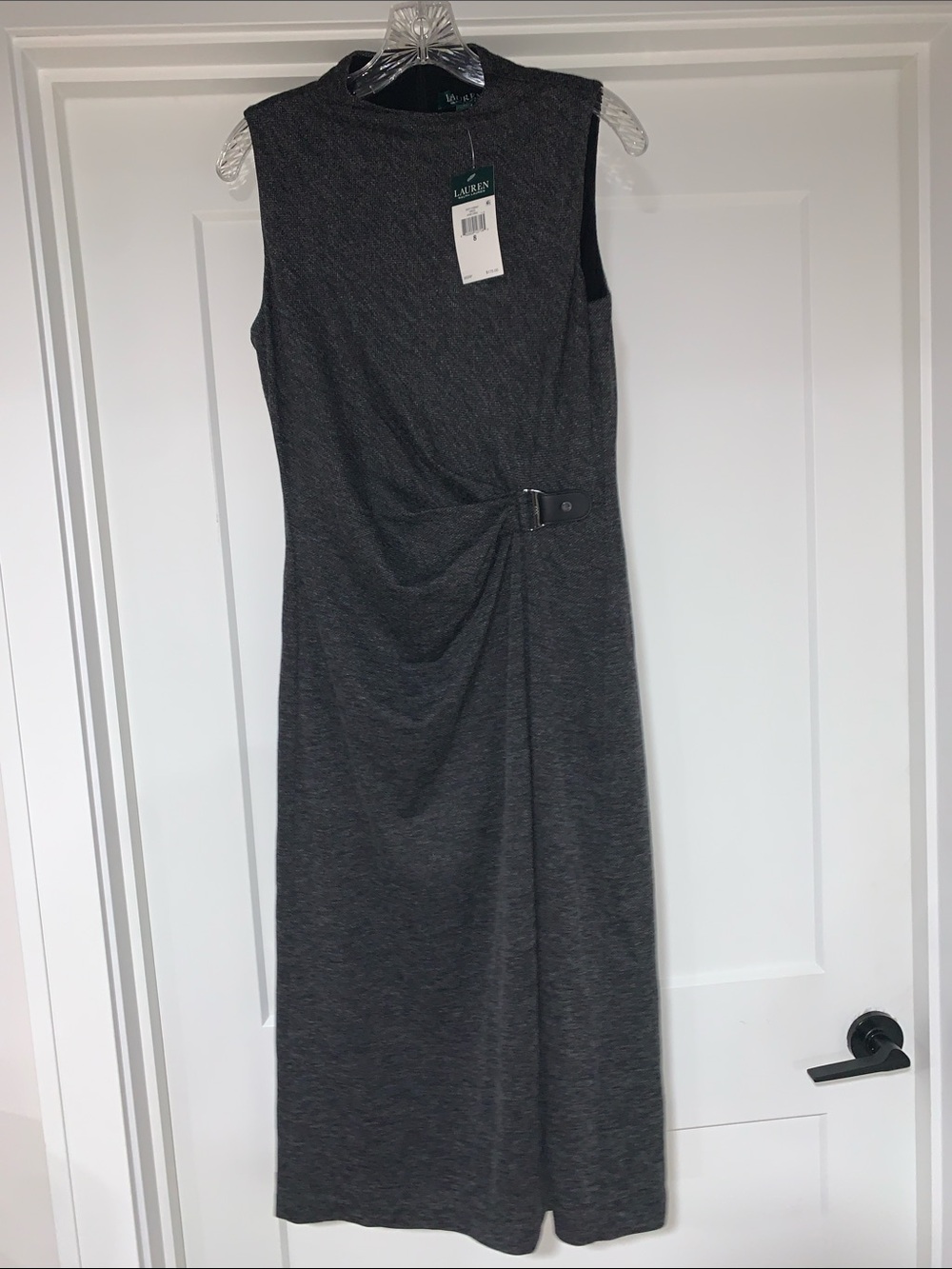 Lauren Ralph Lauren Charcoal Gray Sleeveless Midi Dress with Side Buckle